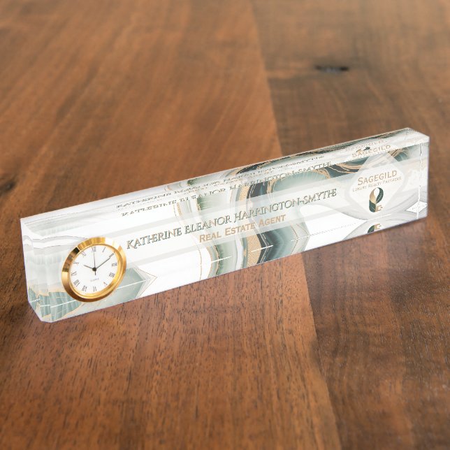Placa De Nombre Luxury Sage Gold Marble Plus Clock Realtor Office (Lateral)