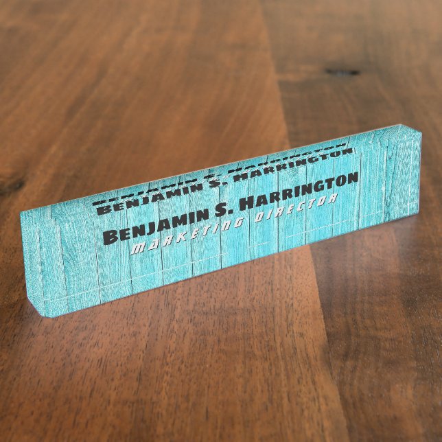 Placa De Nombre Madera Azul Listones Verticales Oficina  (Lateral)