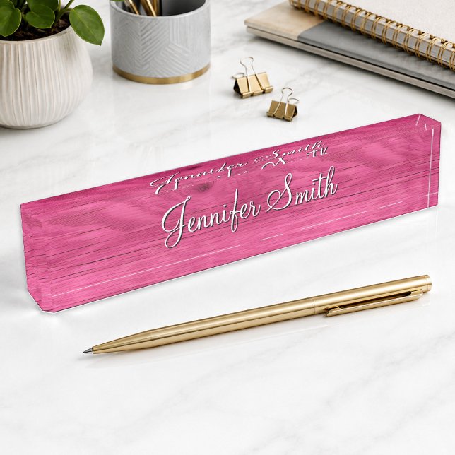 Placa De Nombre Madera Rosa Caliente Falsa (Faux Hot Pink Wood Desk Name Plate)
