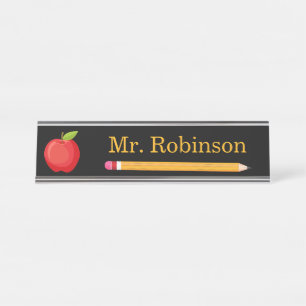 Placa De Nombre Maestra de Apple y Lápiz Negra Moderna
