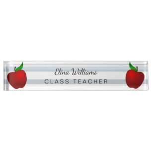Placa De Nombre Maestra escolar Red Apple limpio Clásico a rayas