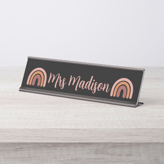 Placa De Nombre Maestra personalizada de Boho Rainbow Cute (Anverso)