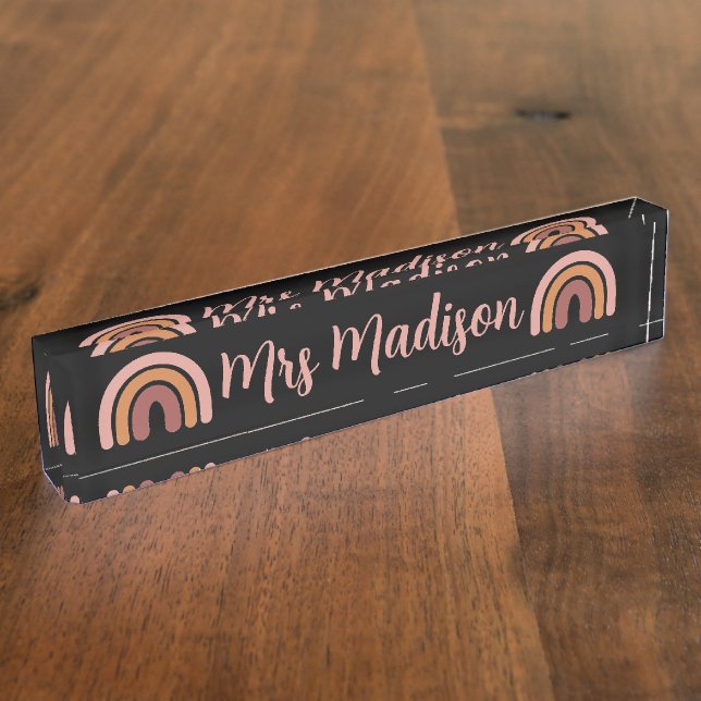 Placa De Nombre Maestra personalizada de Boho Rainbow Cute (Lateral)