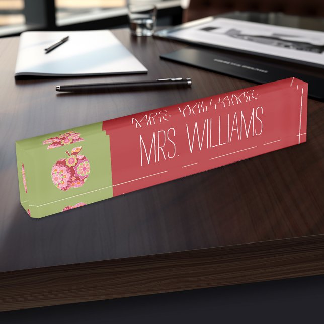 Placa De Nombre Maestra personalizado Apple con patrón floral de m (Personalized Teacher Name Plate)
