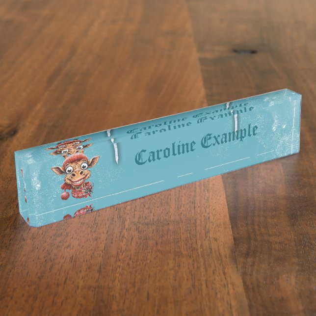 Placa De Nombre Magia de invierno con una linda jirafa personaliza (Lateral)