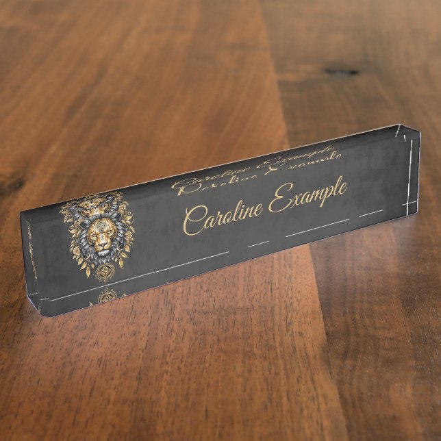 Placa De Nombre Majestuosa cabeza de león dorada con mané negro. (Lateral)