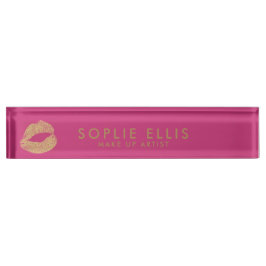Placa De Nombre Make Up Gold Purpurina Lips Nombre personal rosado