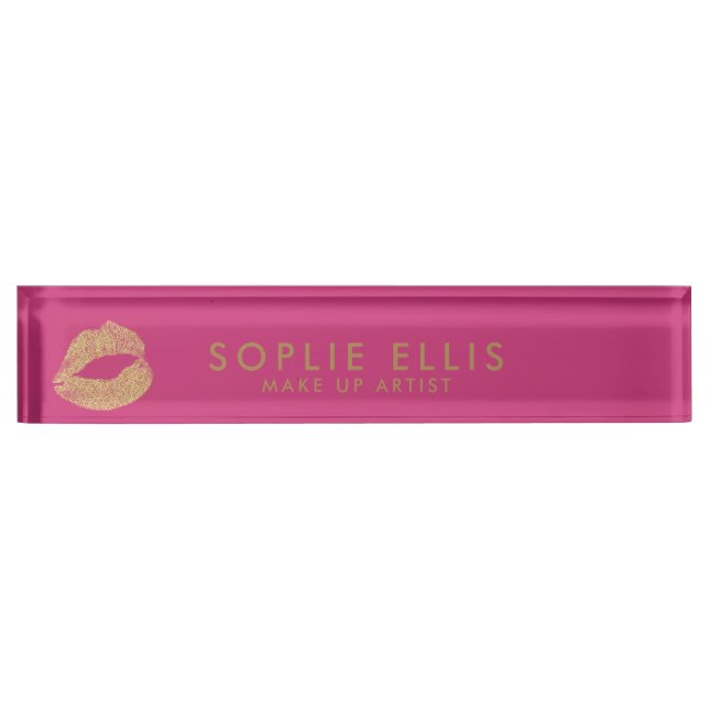 Placa De Nombre Make Up Gold Purpurina Lips Nombre personal rosado (Anverso)