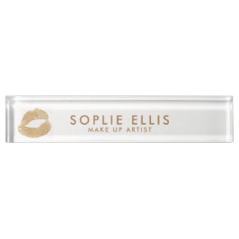 Placa De Nombre Make Up Gold Purpurina Lips White Personalize Nomb
