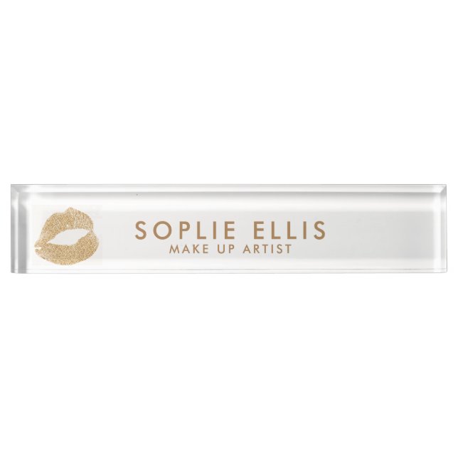 Placa De Nombre Make Up Gold Purpurina Lips White Personalize Nomb (Anverso)