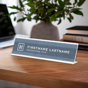 Placa De Nombre Manly Linen Look con el nombre Título Monograma -
