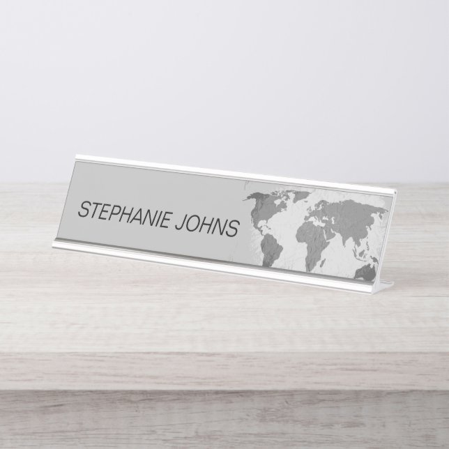 Placa De Nombre Mapa mundial Monogramas Nombre Gris Personalizado  (Anverso)