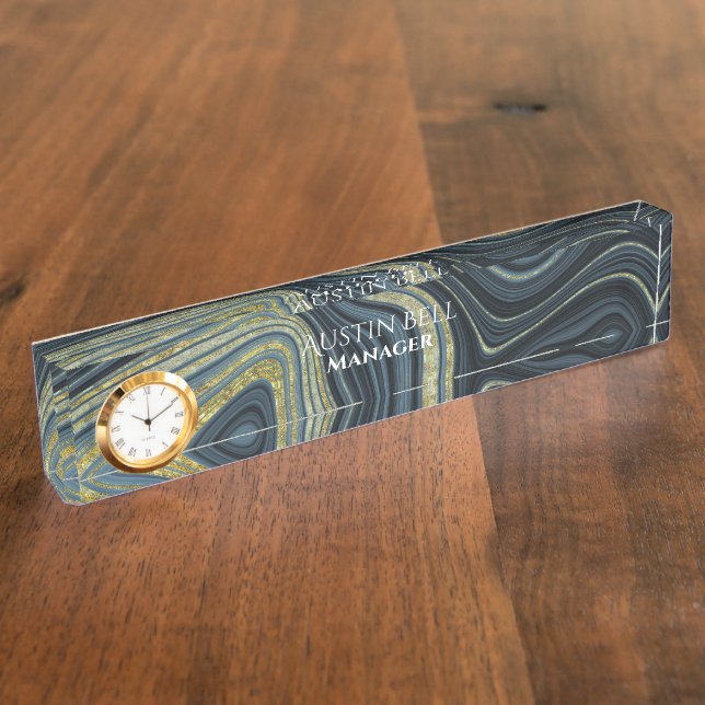 Placa De Nombre Marble azul y dorado oscuro y claro personalizado (Lateral)