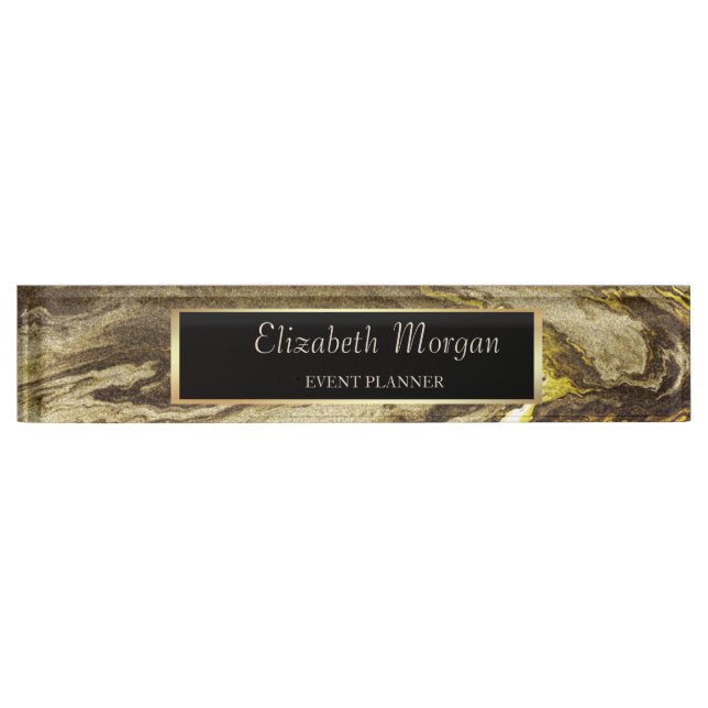 Placa De Nombre Marco elegante de oro, mármol marrón (Anverso)