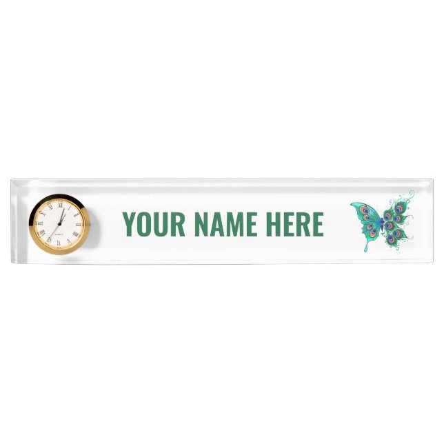 Placa De Nombre Mariposa con plumas de pavo real verde (Anverso)