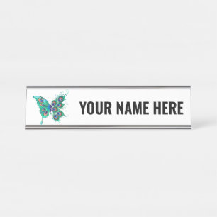 Placa De Nombre Mariposa con plumas de pavo real verde