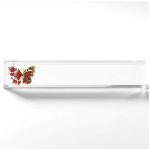 Placa De Nombre Mariposa de flor roja con rosas rojas