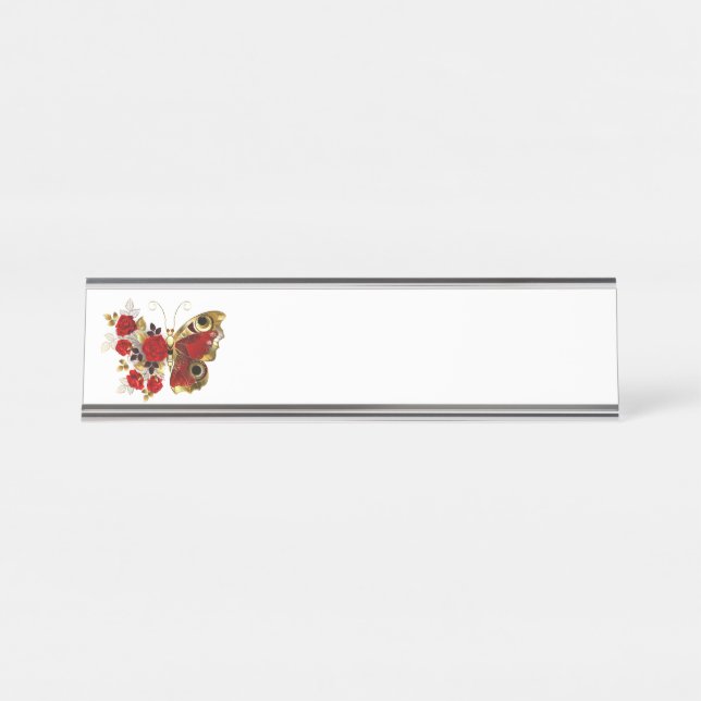 Placa De Nombre Mariposa de flor roja con rosas rojas (Anverso)