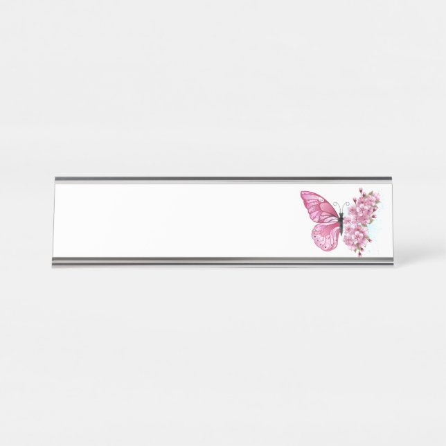 Placa De Nombre Mariposa de flores con Sakura rosa (Anverso)