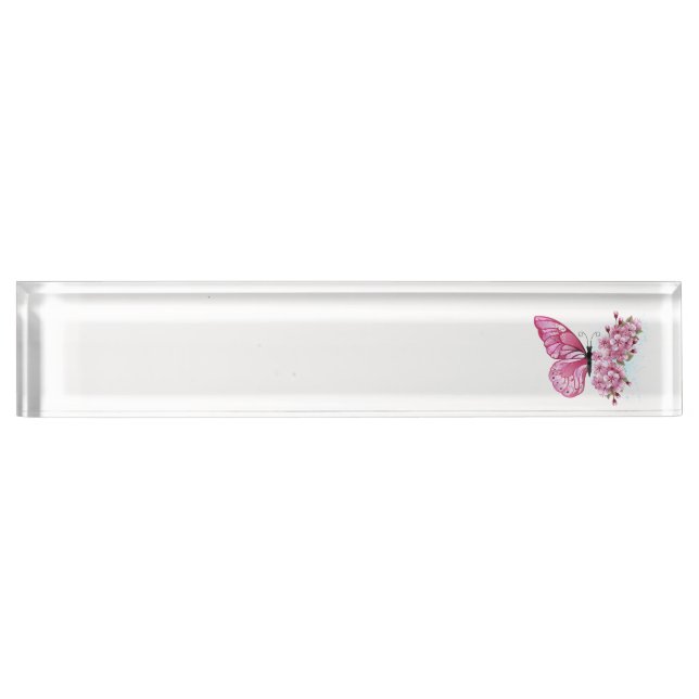 Placa De Nombre Mariposa de flores con Sakura rosa (Anverso)