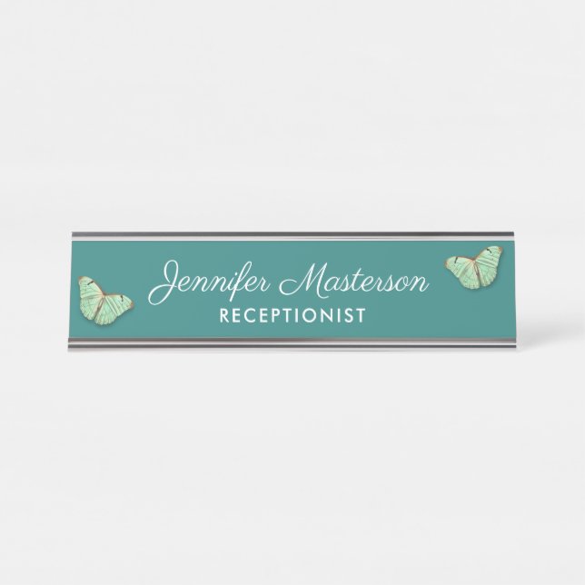 Placa De Nombre Mariposas antiguas en fondo Verde azulado con nomb (Anverso)