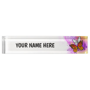 Placa De Nombre Mariposas monarcas en fondo morado