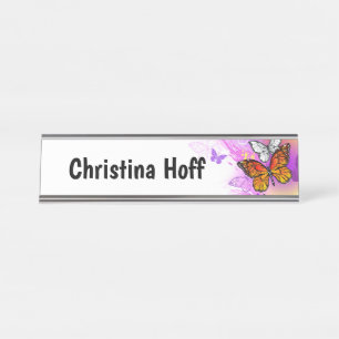 Placa De Nombre Mariposas monarcas en fondo morado