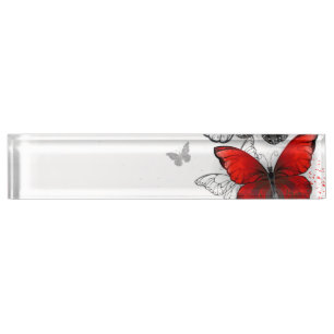 Placa De Nombre Mariposas Morpho voladoras negras y rojas