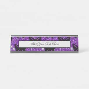Placa De Nombre Mariposas negras Purpurina violeta moscal animal