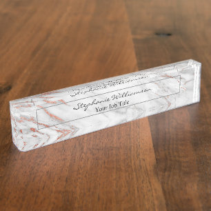 Placa De Nombre Mármol Blanco y Rosa Dorado Elegante Moderno