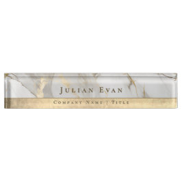 Placa De Nombre Mármol de ágata blanco elegante con brillo dorado 