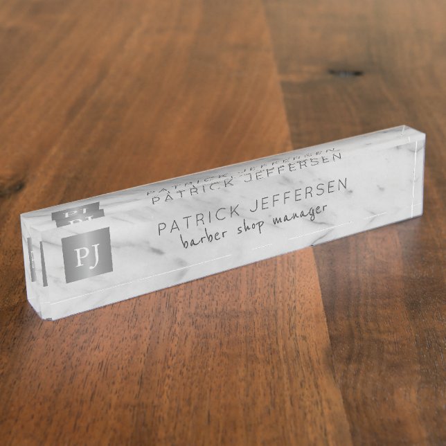 Placa De Nombre Mármol gris de plata acero metálico monogramado (Lateral)