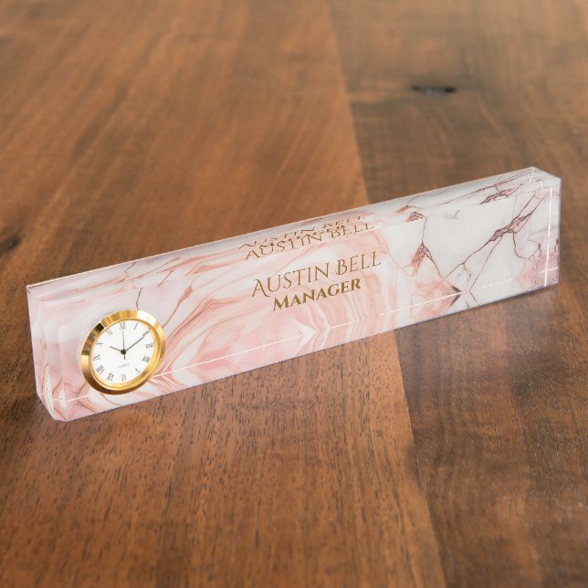 Placa De Nombre Mármol rosa blanco y dorado personalizado (Lateral)