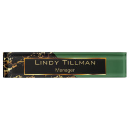 Placa De Nombre Mármol verde, negro y oro