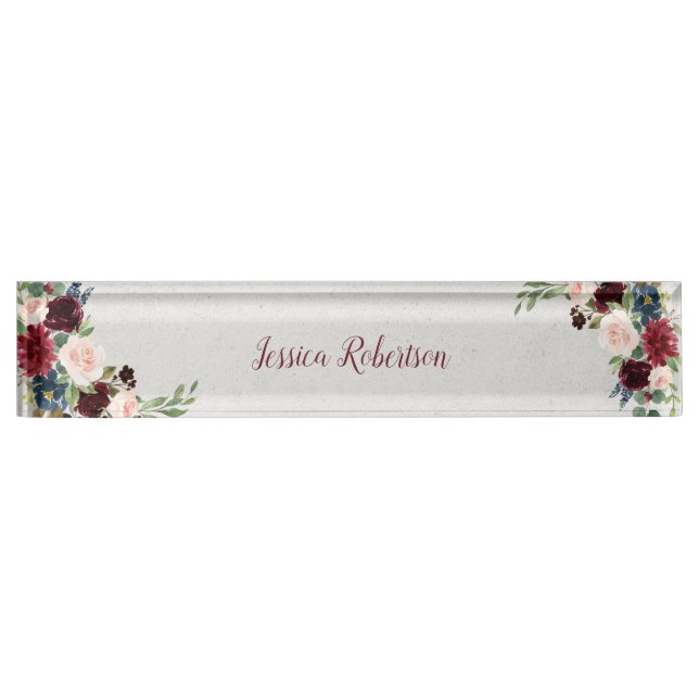 Placa De Nombre Marsala y personalizado elegante lamentable floral (Anverso)
