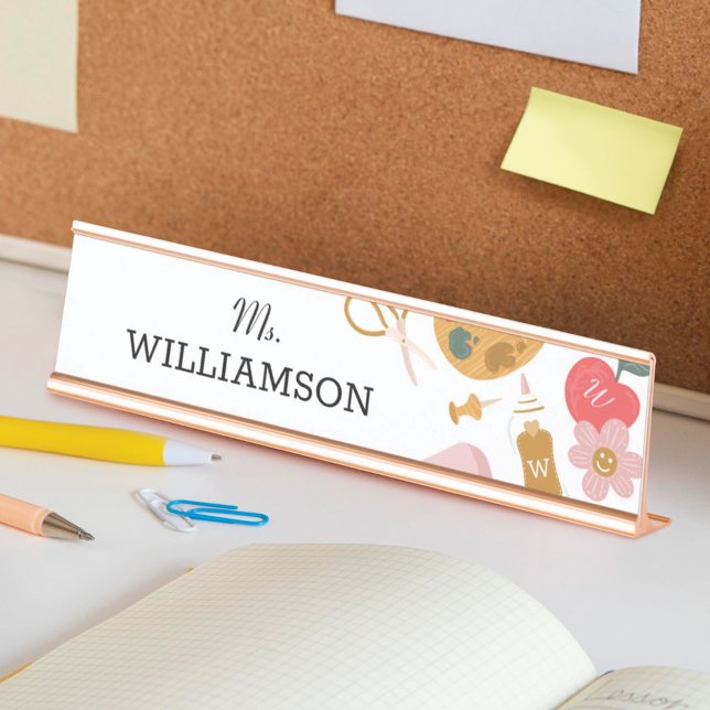 Placa De Nombre Material escolar de profesores de blanco personali (School Teacher School Supplies Personalized White Desk Name Plate)