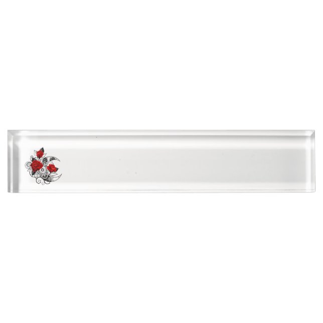 Placa De Nombre Media luna mecánica con rosas rojas (Anverso)
