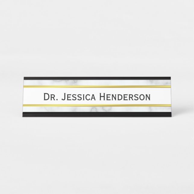 Placa De Nombre Médica Faux Gold and White Marble Look (Anverso)