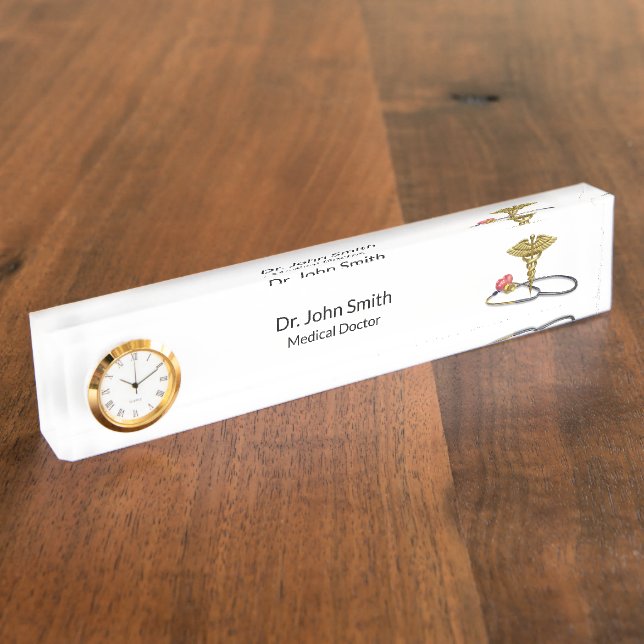 Placa De Nombre Medical Gold Stethoscope & Caduceus with Heart (Lateral)