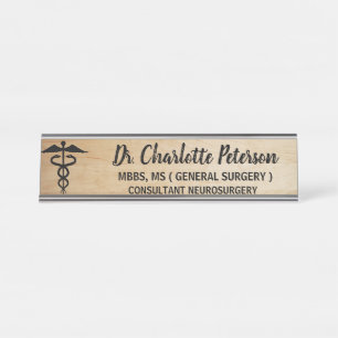 Placa De Nombre Médicas de madera de Caduceus