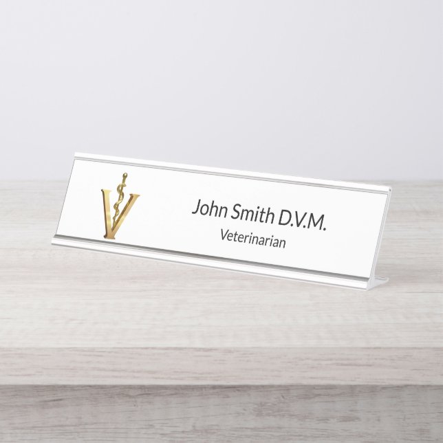 Placa De Nombre Medicina Veterinaria Gold V Vet Asclepius Elegante (Anverso)
