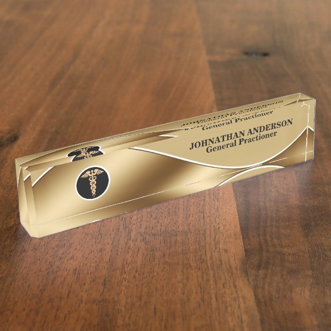 Placa De Nombre Médico médica de salud falso oro caduceus (Lateral)