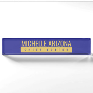 Placa De Nombre Minimalista azul y dorado moderno profesional