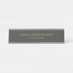 Placa De Nombre Minimalista profesional de color negro y dorado ún