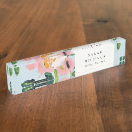 Placa De Nombre Moda Boho Colorful Pintado Floral Azul Rosa