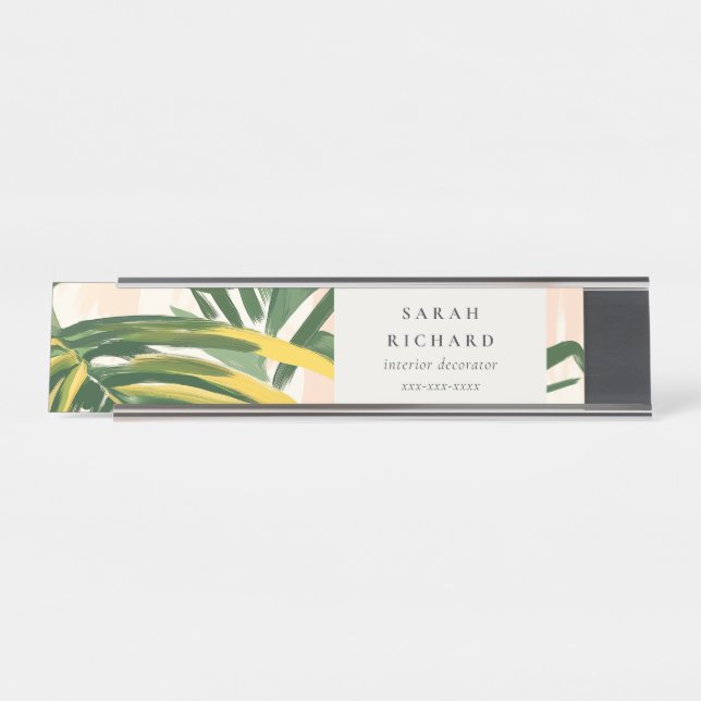 Placa De Nombre Moda Boho Rubor Green Tropical Palm Leaves Beach (Anverso)
