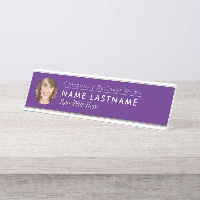 Placa De Nombre Moda de foto personalizado Purple Business Elegant (Anverso)