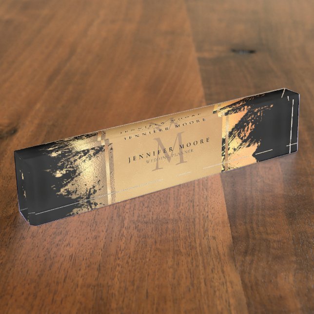 Placa De Nombre Moda Faux Gold Glam Brushstrot Monogramado (Lateral)