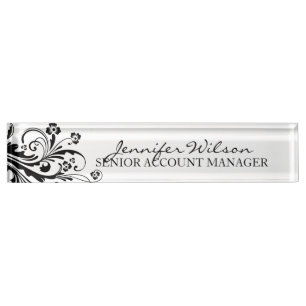 Placa De Nombre Moda floral en blanco y negro