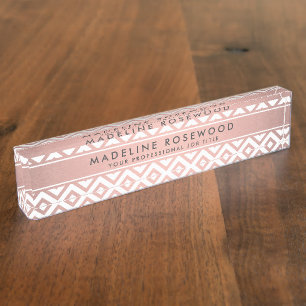 Placa De Nombre Moda Girly Rosa Rosa Gold Chevron Monogramado